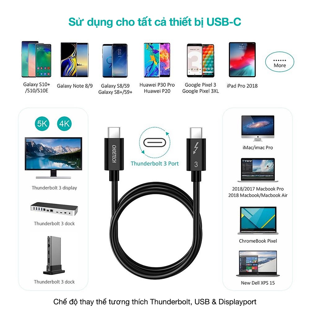 Dây cáp CHOETECH USB-C ra USB-C chuẩn Thunderbolt 3 - A3007 (Tất cả các sản phẩm di động)