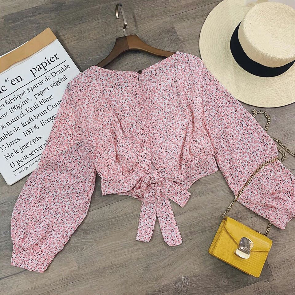 Áo croptop hoa cột nơ sau - Hình thật