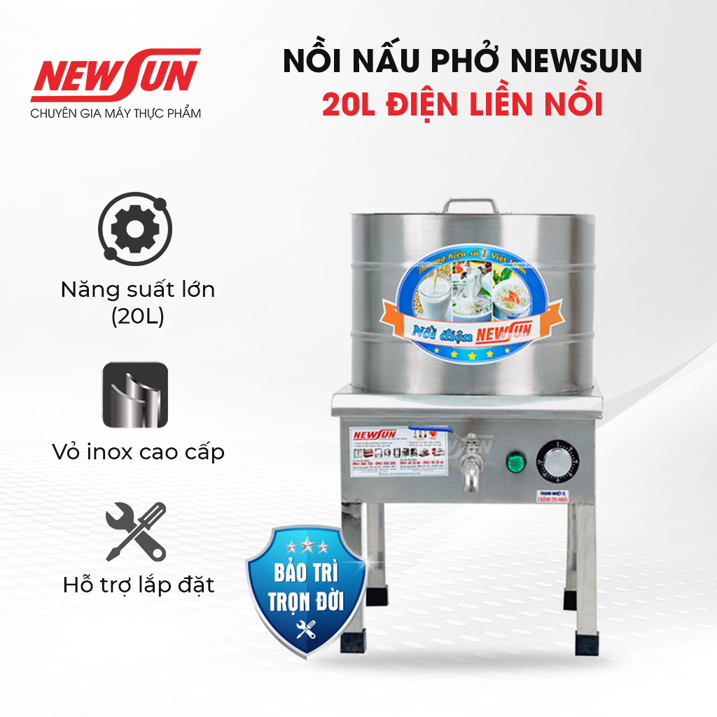 Nồi nấu phở công, nhúng - trần bánh phở NEWSUN 20L điện liền nồi - Hàng chính hãng - Tặng 1 thanh nhiệt kèm theo