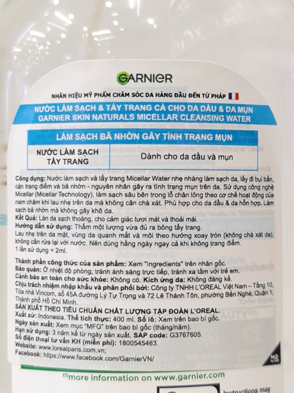 Nước Tẩy Trang Garnier Micellar Cleansing Water 400ml