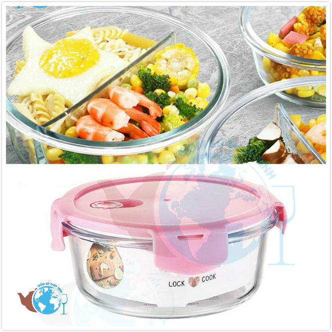 [HCM]Hộp đựng cơm lớn tròn 2 ngăn - Hộp thủy tinh 2 ngăn hình tròn 950ml  - BX3001-2GD - đựng thực phẩm dùng lò viba - cao cấp