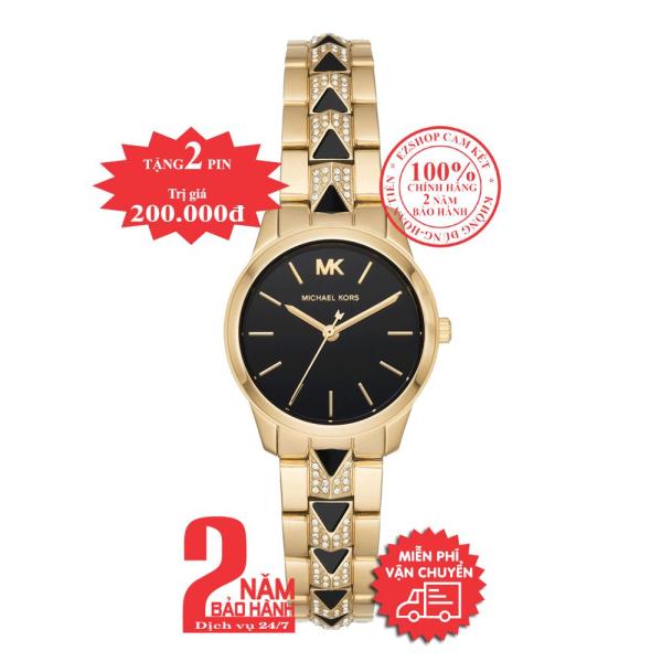 Đồng hồ nữ MK Petite Runway Mercer MK6672 - Vỏ và dây màu Vàng (Gold), mặt đồng hồ màu đen, dây đính đá pha lê Swarovski, size 28mm- MK6672