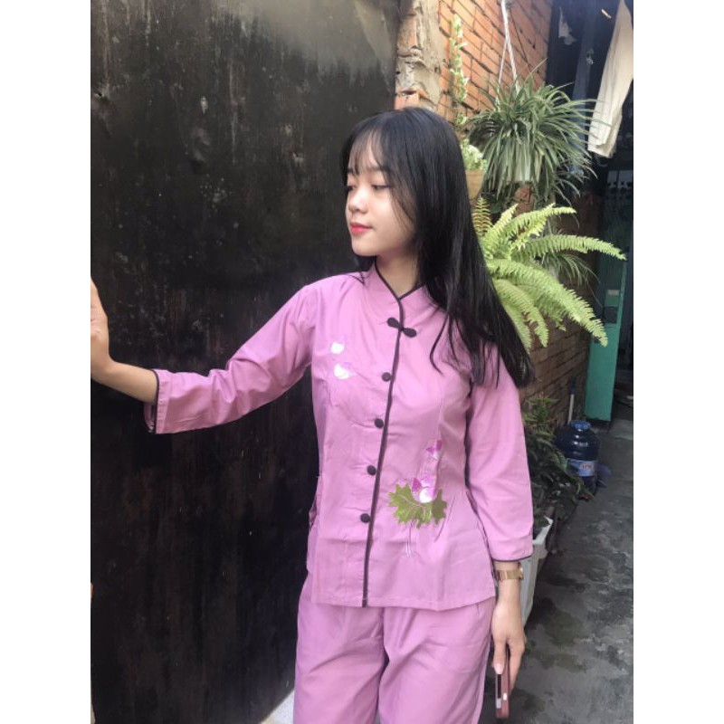 Đồ lam đi chùa  nữ  viền nơ