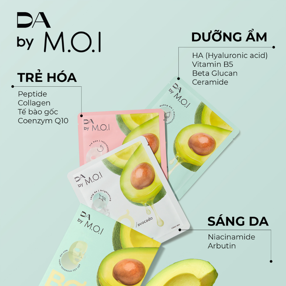 Mặt nạ Bơ tinh khiết Hydrogel DA By M.O.I - 3 Miếng (Cấp ẩm - Làm sáng - Chống lão hóa)