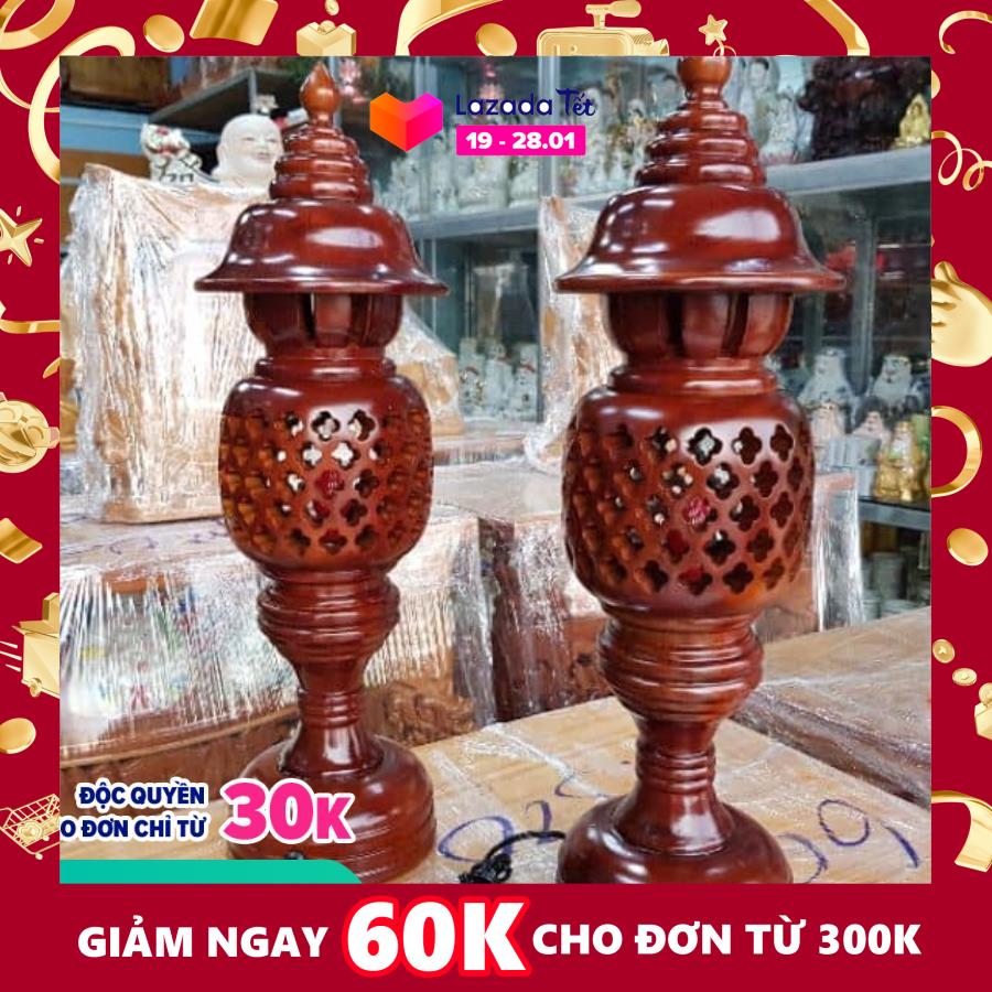 Cặp đèn thờ tổ ong gỗ xà cừ chạm tổ ong cao 36cm
