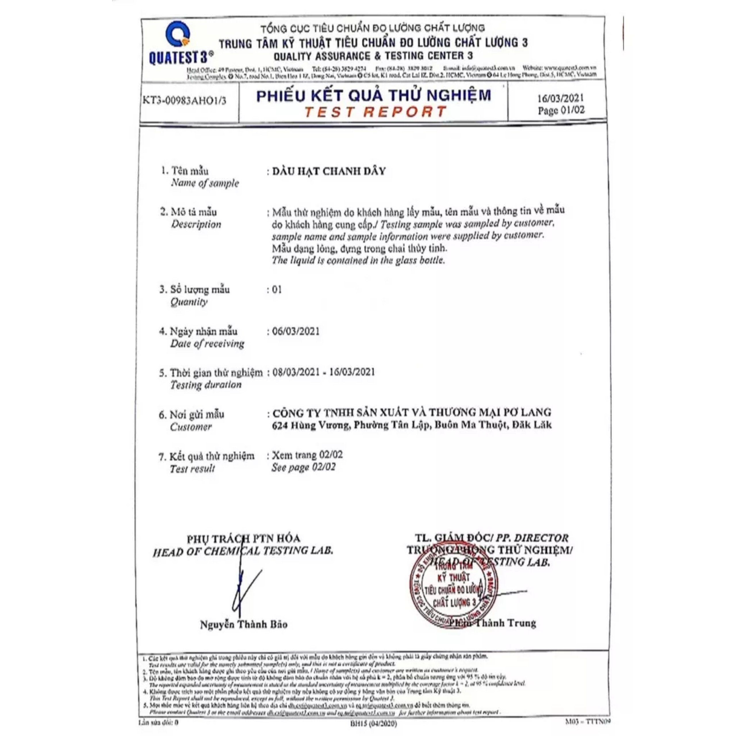 DẦU HẠT CHANH DÂY PƠ LANG