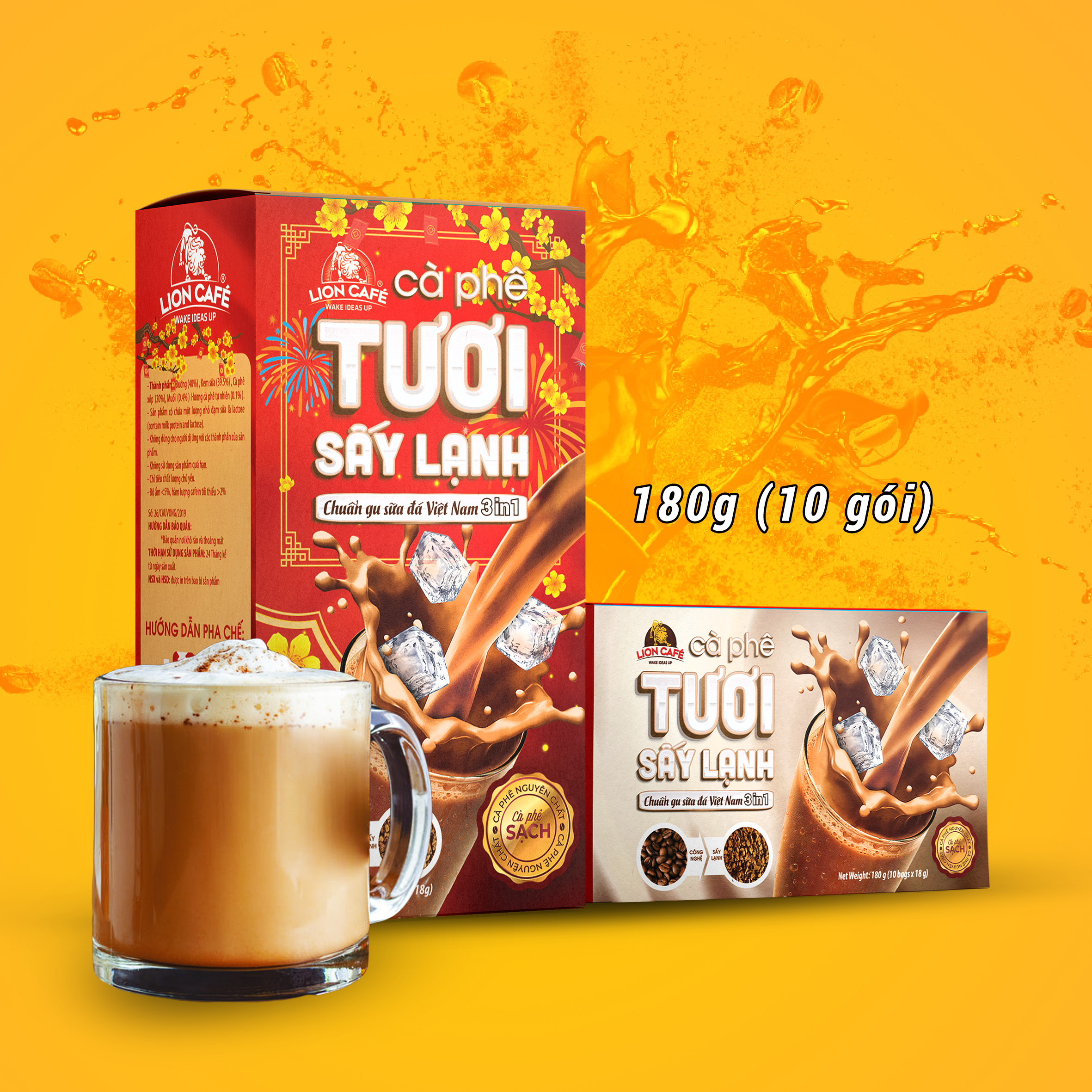 LION CAFE - Cà phê hòa tan 3in1 - Cà phê TƯƠI  Sấy Lạnh - Gu Sữa Đá - Hộp 180g (10 gói x 18g)