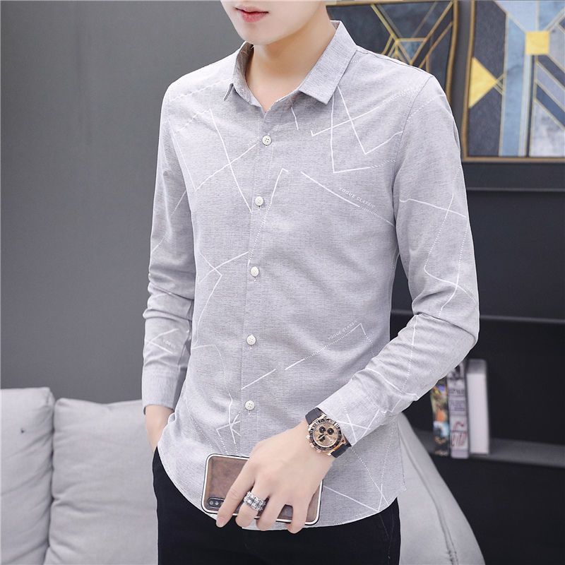Áo sơ mi co giãn in hoa mùa xuân thu áo sơ mi nam dài tay công sở