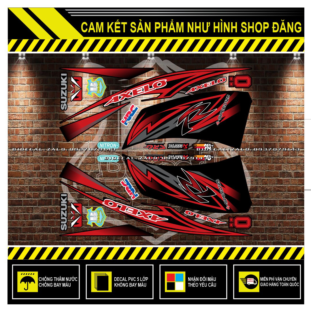 TEM RỜI AXELO MẪU R 2020 PHỐI TEM ĐỎ DÁN XE ĐEN ( DECAL CAO CẤP - KHÁNG NƯỚC - KHÔNG BAY MÀU )