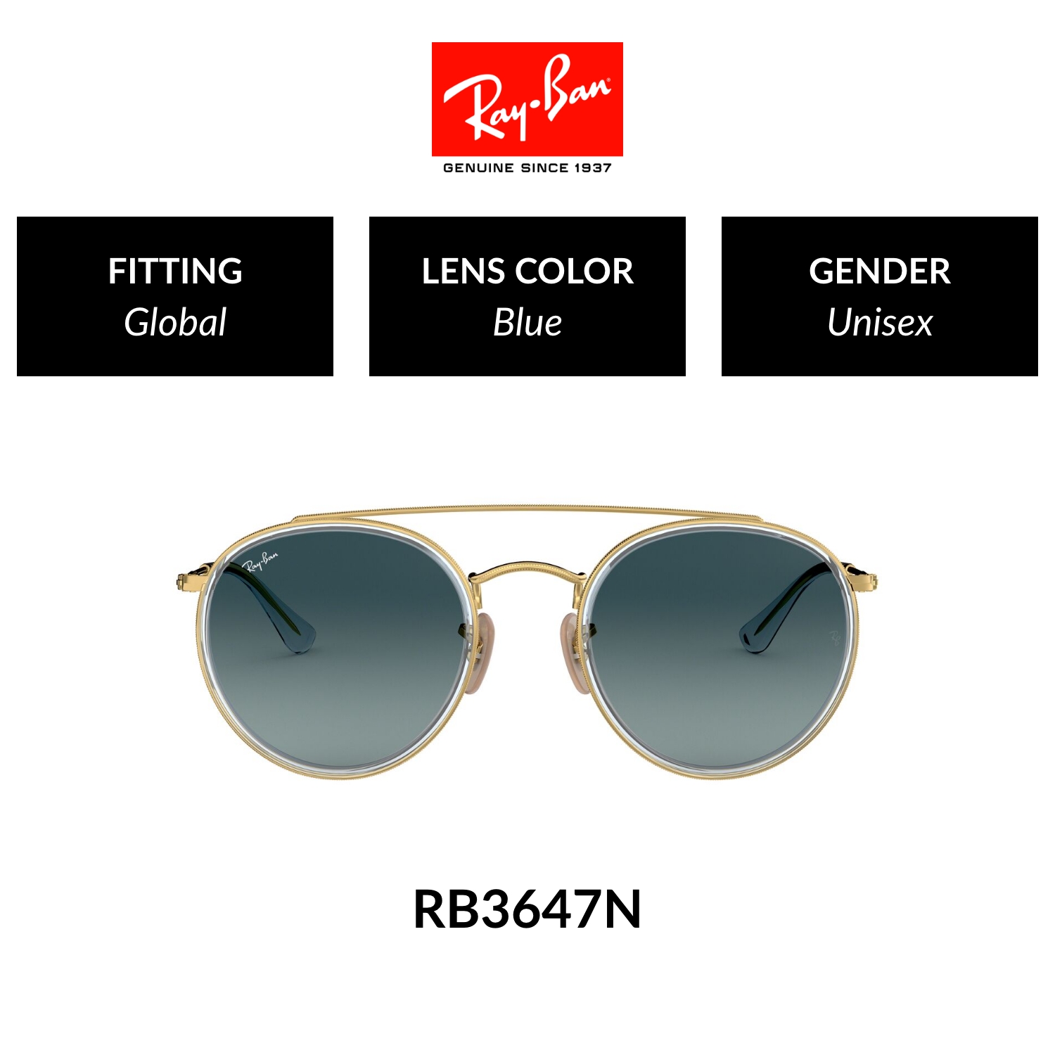 Mắt kính ray-ban round double bridge - rb3647n 91233m - kính mát size 51