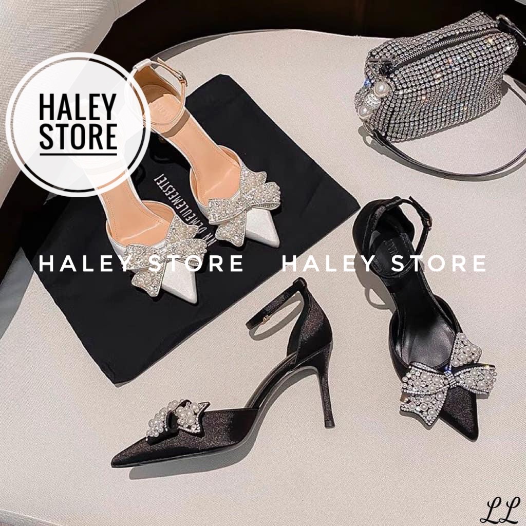 Giày cưới cao gót nữ 7cm HALEY STORE bít mũi nhọn quai đính min nơ ngọc đá xoàn tiểu thư công chúa cô dâu đi tiệc