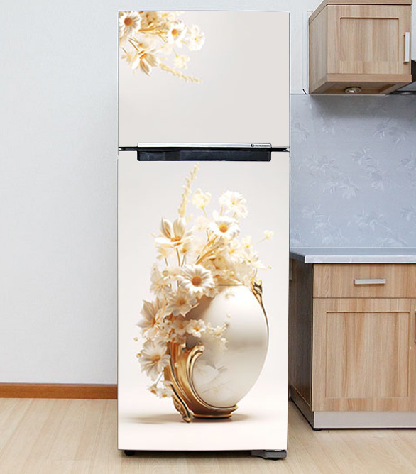 Decal dán Tủ Lạnh bình hoa trắng 3d chất liệu cao cấp