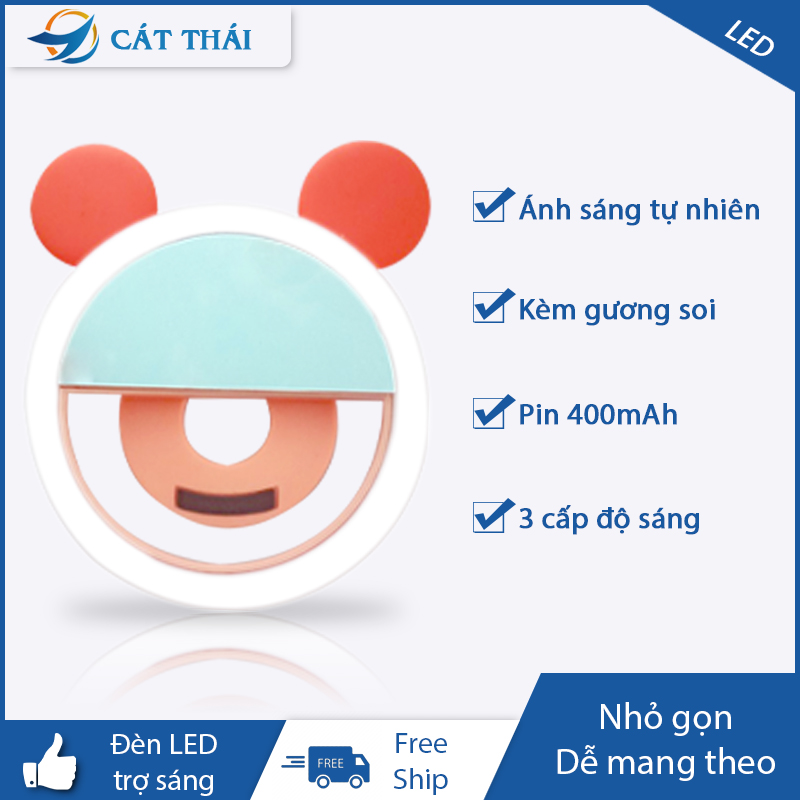 Đèn LED trợ sáng kẹp điện thoại chuyên dành cho selfie/livestream, ánh sáng trắng dịu nhẹ, có kèm gương soi rất tiện lợi, dung lượng pin lớn sử dụng liên tục, tạo hình tai mèo dễ thương