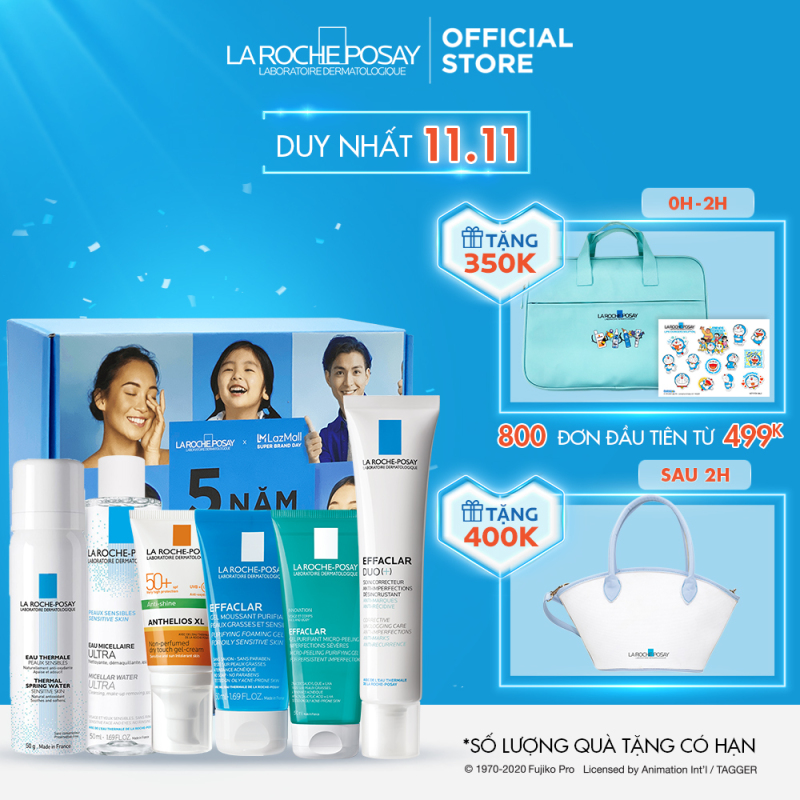Bộ bảo vệ và giảm mụn toàn diện La Roche Posay gồm: Kem dưỡng Effaclar Duo+, Kem chống nắng Anthelios, Tẩy trang, Gel rửa mặt, Gel tắm và Xịt khoáng giá rẻ
