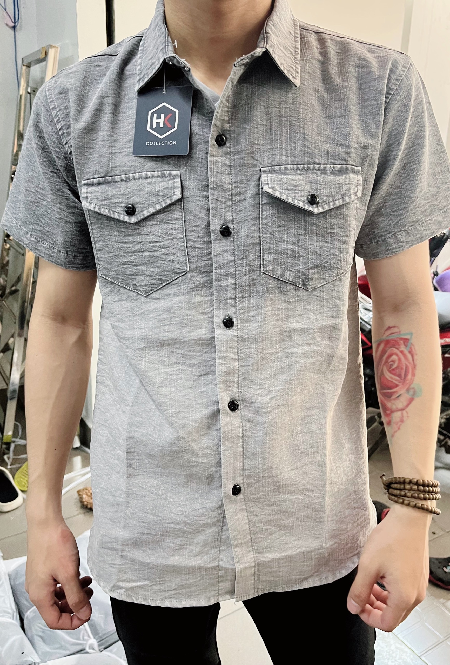 Áo sơ mi nam tay ngắn vải đũi phối loang CAO CẤP mẫu mới hot nhất hiện nay giá rẻ DVFASHION
