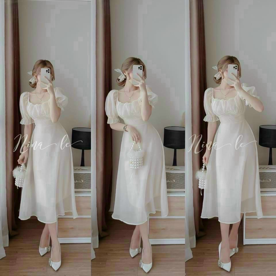 Đầm nữ thời trang mặc đi tiệc, đầm nữ maxi chifon có mút vổ vuông tay phồng ngắn đi tiệc sang chảnh