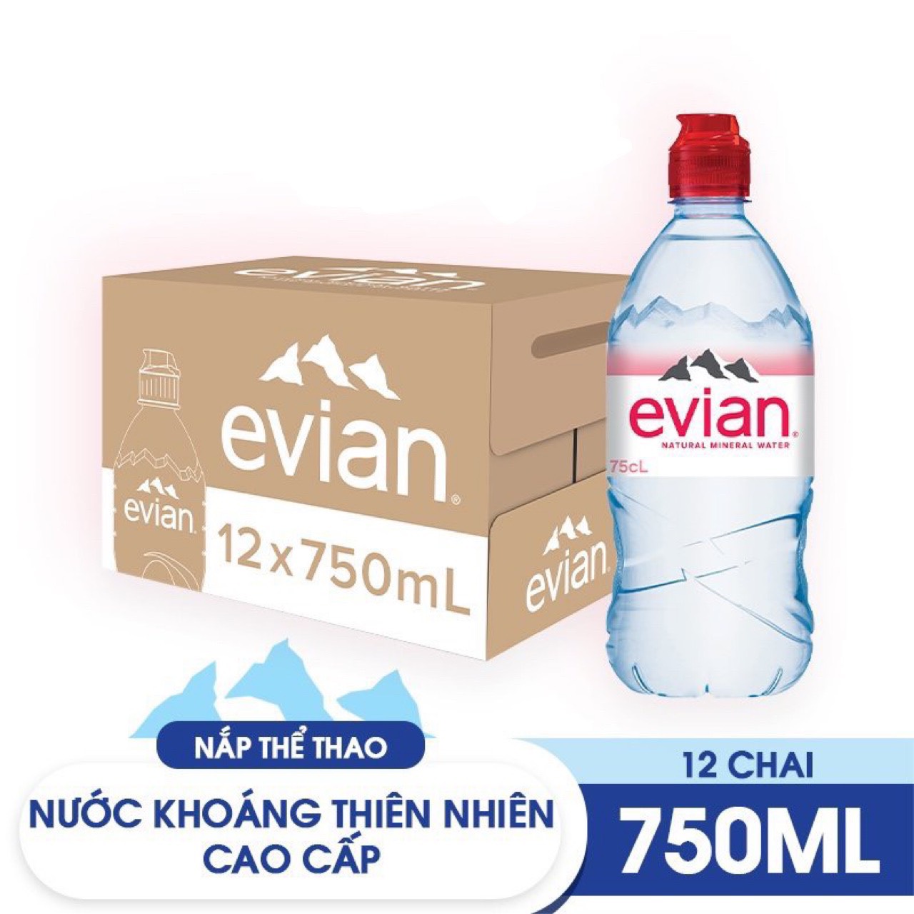 Thùng 12 chai nước khoáng thiên nhiên Evian 750ml 750ml x 12 - Nắp thể thao