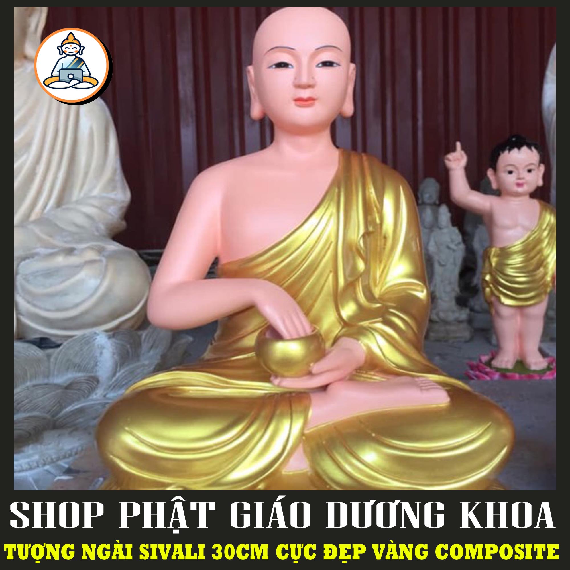 Tượng Sivali thánh tăng màu vàng cao 30cm - Tượng Sivali Nhủ Vàng