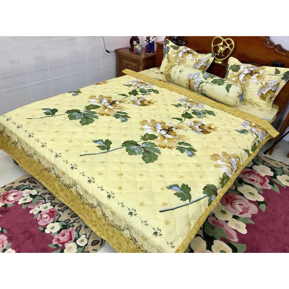 Trọn bộ chăn ga vỏ gối 5 món cúc vàng, ga vỏ gối , chăn ra gối, ra gối, drap, chăn ra , chăn ga gối đệm