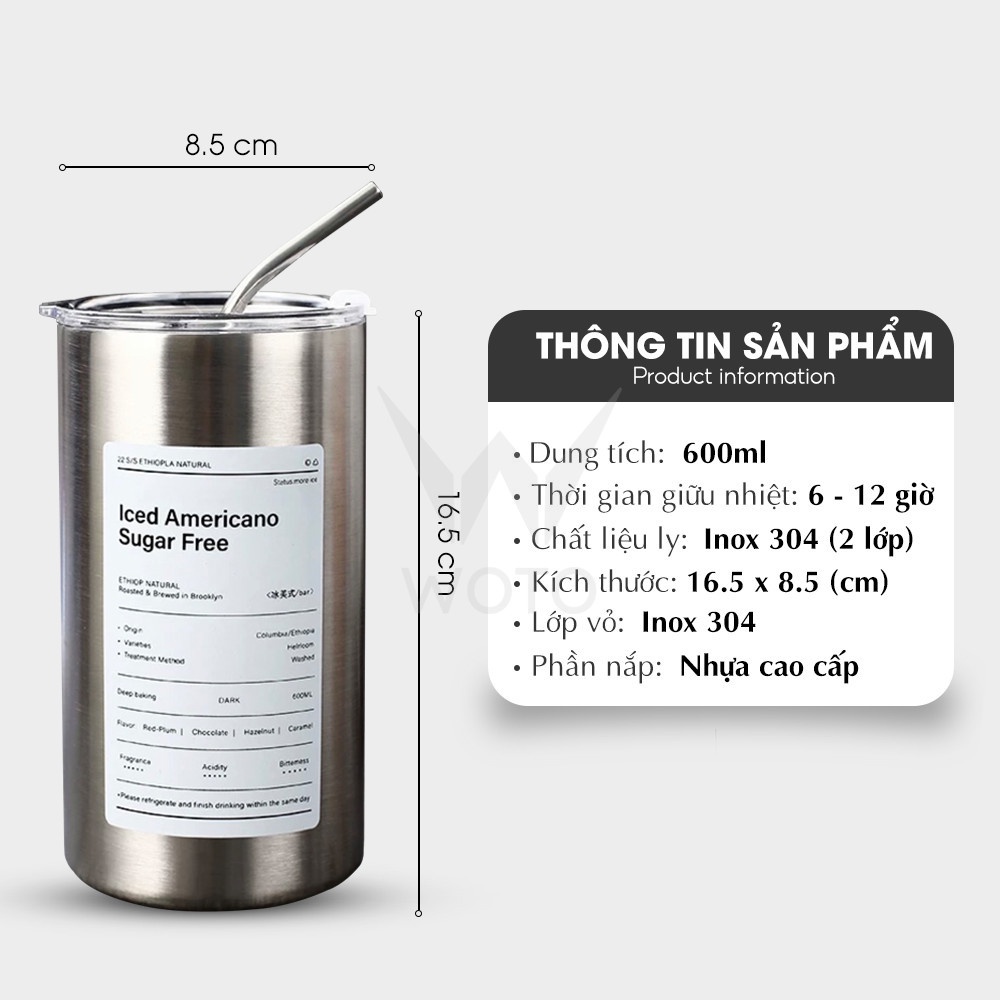 Ly Giữ Nhiệt Iced Americano Inox 304 Thể Tích 600ml - Cốc Nước Giữ Nhiệt Có Ống Hút Tiện Lợi