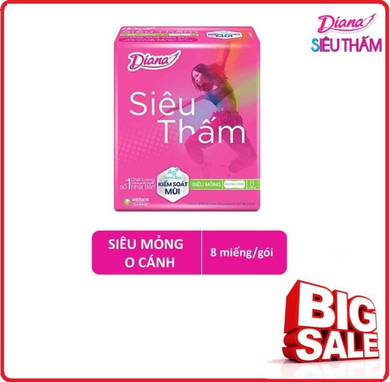 BVS DIANA Siêu Thấm Siêu Mỏng Không Cánh Gói 8 Miếng - 23Cm