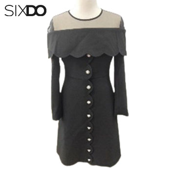 Đầm thô dài tay cổ lưới viền sóng thời trang SIXDO