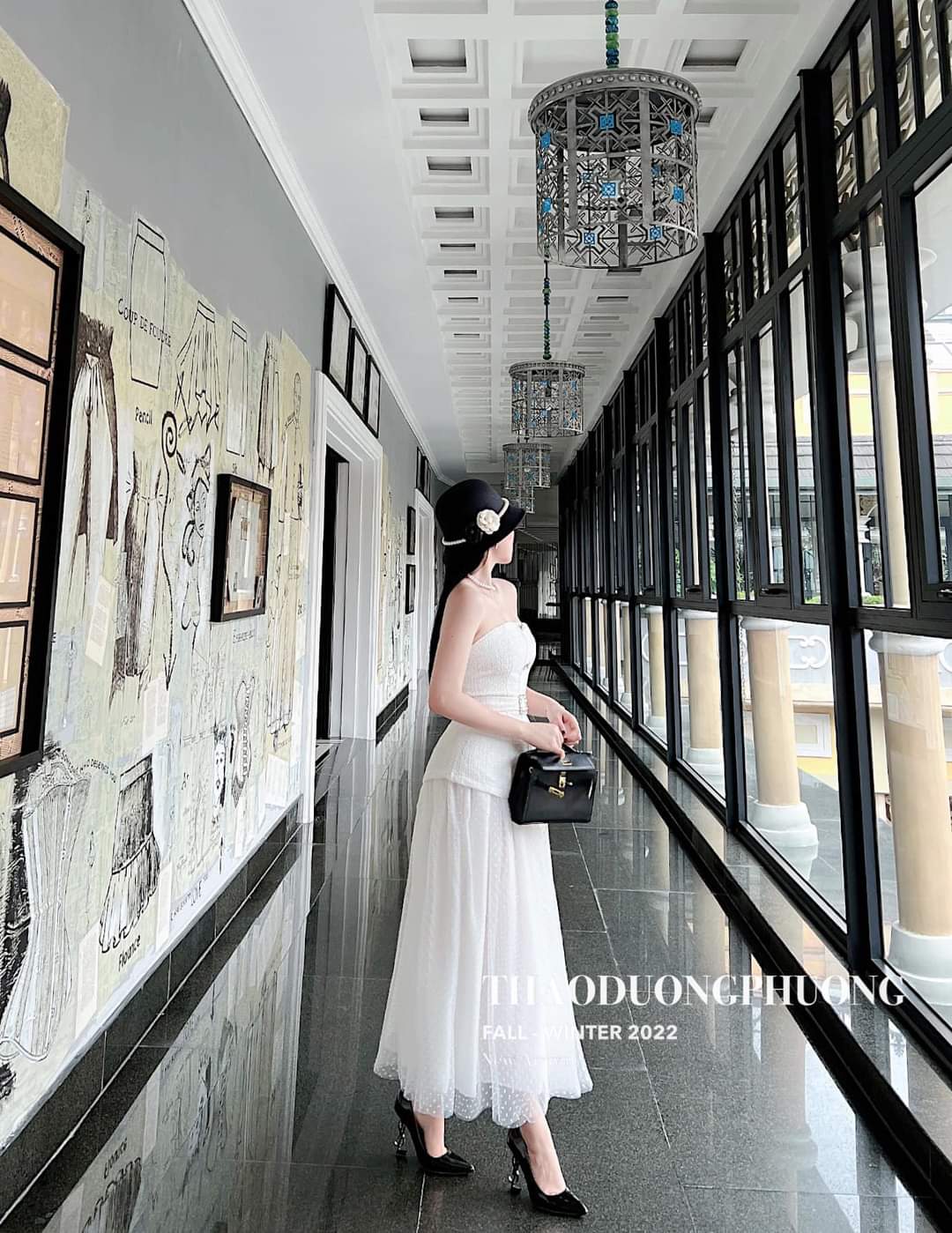Mũ Dạ Vành Cụp Đai Ngọc Phối Hoa Trà Tùy Chọn