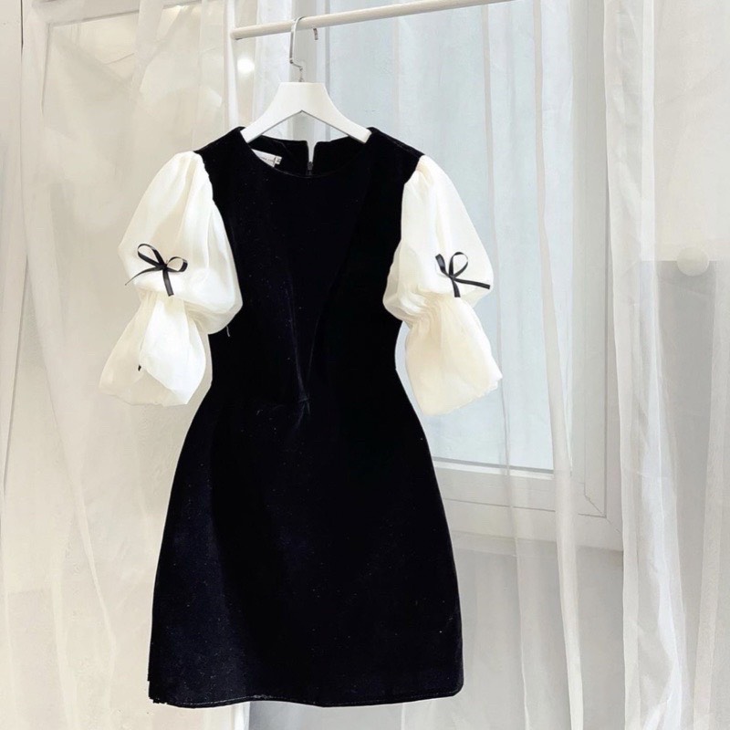 Đầm nhung( có bigsize) tay voan đính nơ