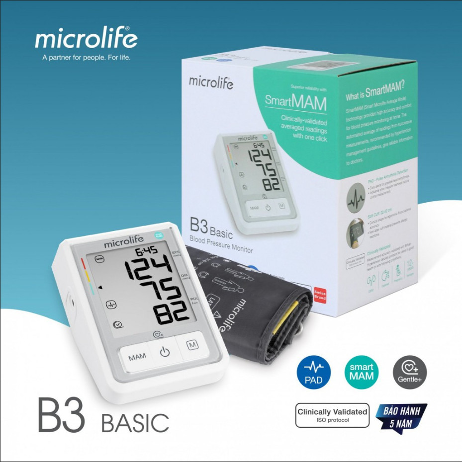Máy đo huyết áp microlife b3 basic công nghệ mam thông minh đo 2 lần - bảo hành 5 năm