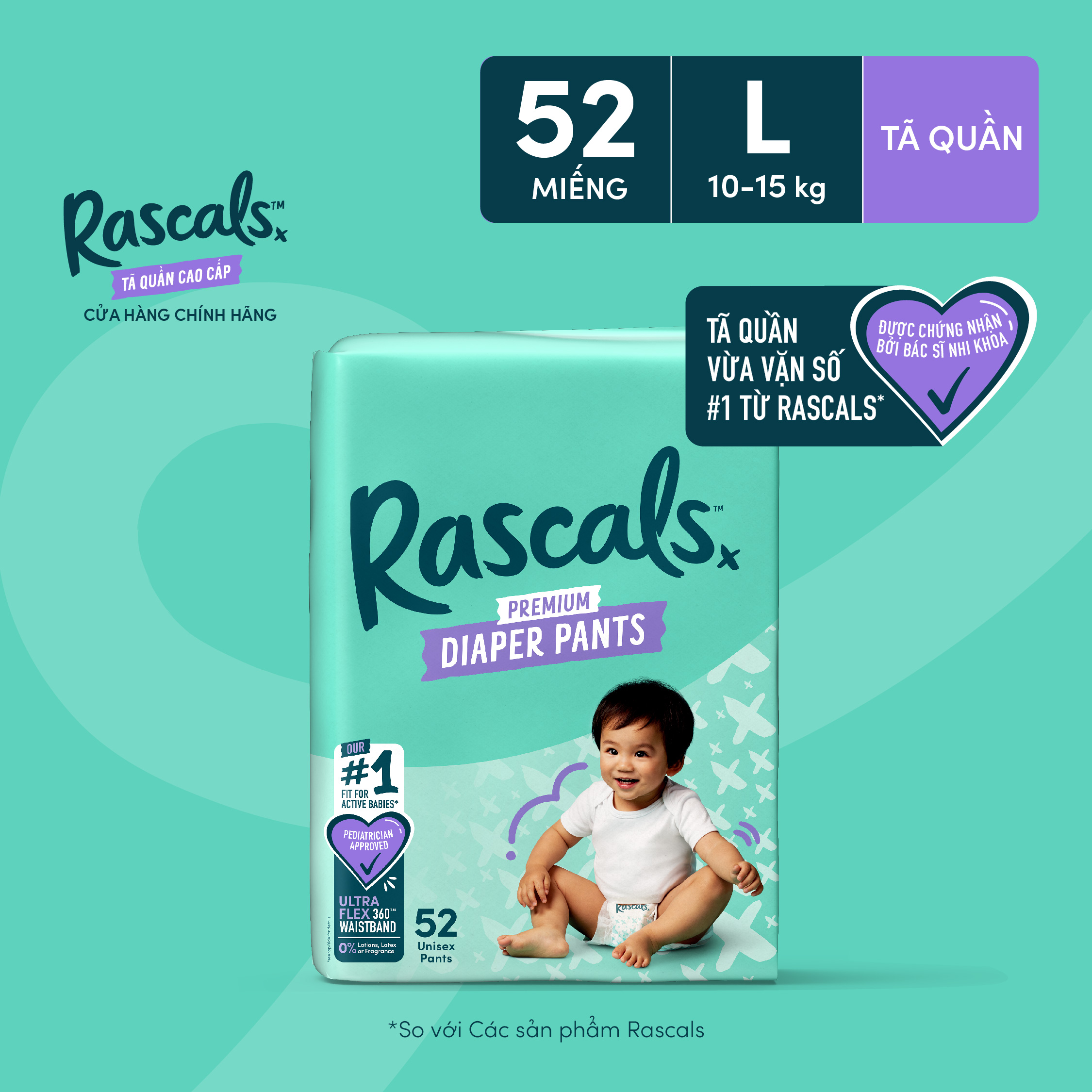 Tã/Bỉm Quần Rascals Size L (10-15kg) 52 miếng