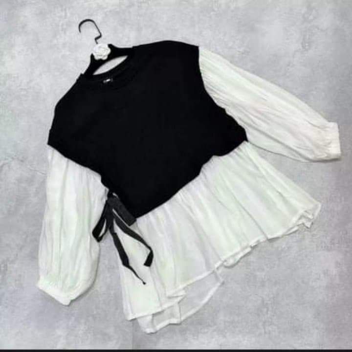 Áo babydoll cột nơ phối trắng đen