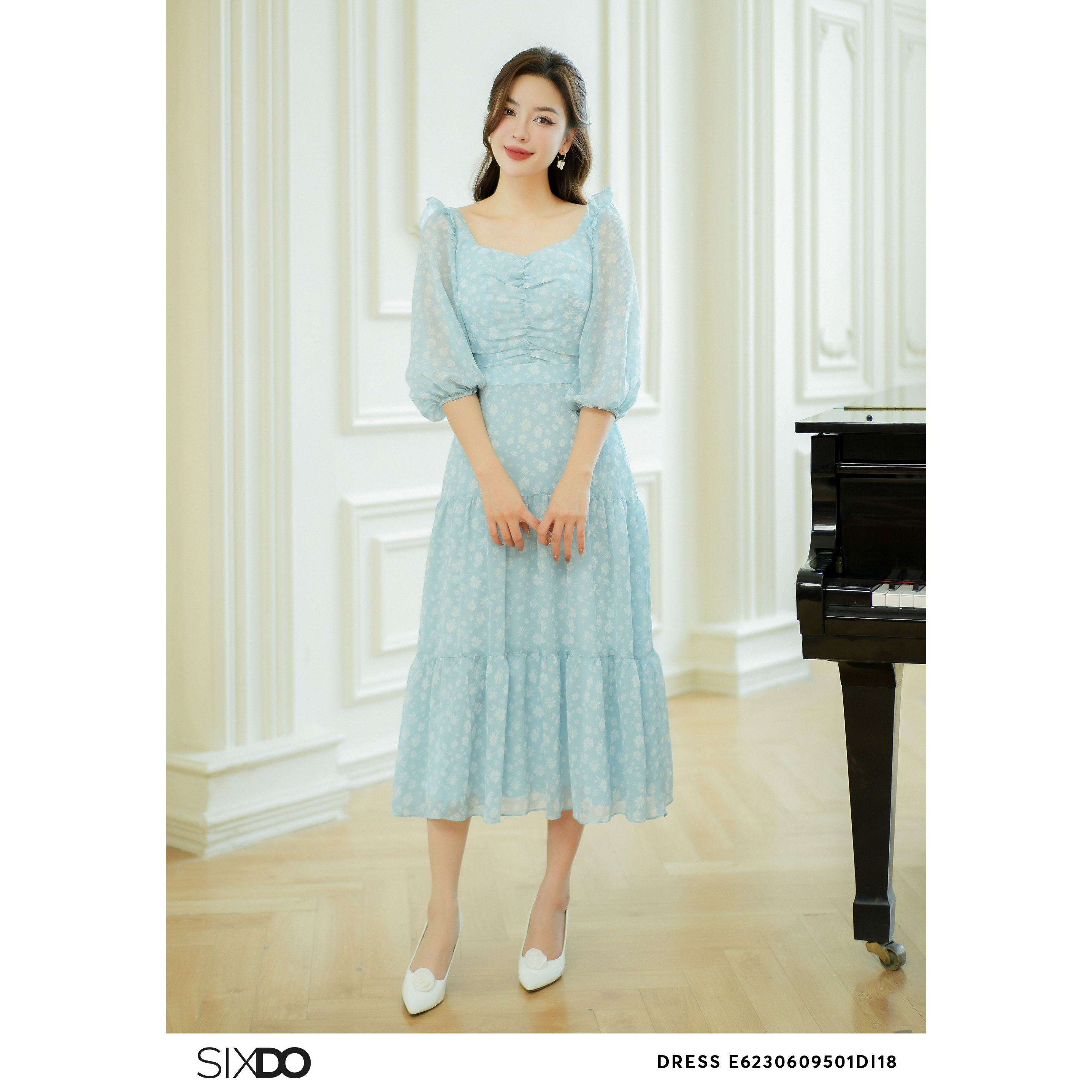 Đầm voan hoa tay phồng SIXDO