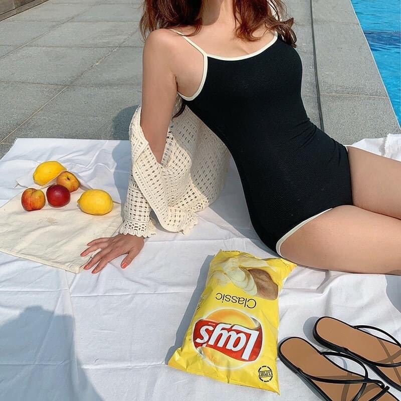 [Kèm feedback của khách] Bikini đen 1 mảnh phối viền trắng tinh tế