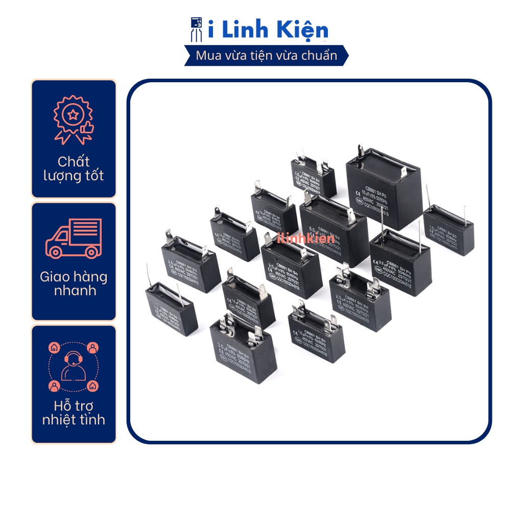 Tụ quạt 1.5uf-3uf 450vac cbb61 2/4 chân cắm jack
