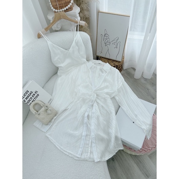Set đầm 2 dây + sơmi xoắn 2 màu ( có bigsize )