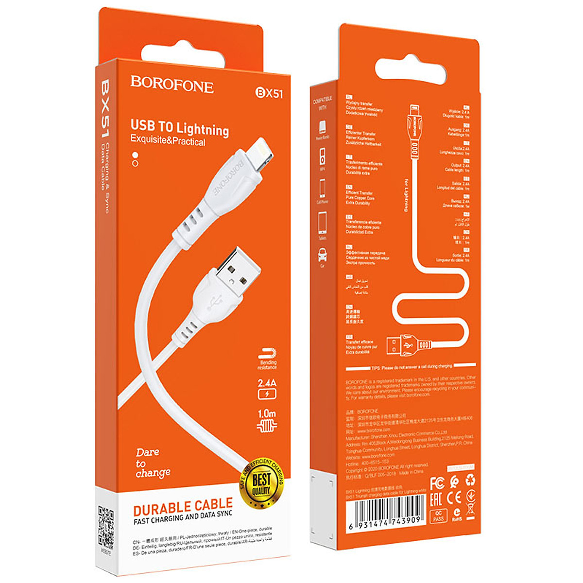 Cáp Sạc Borofone BX51 2.4A Cổng IP Dây Dài 1m