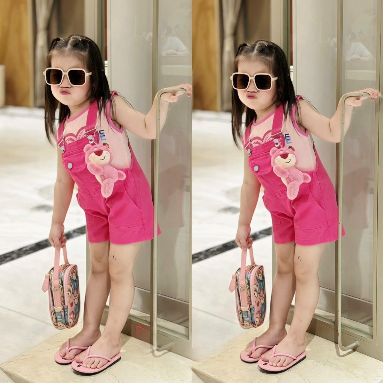 (8-42kg) Set yếm 3 chi tiết áo cotton ba lỗ phối yếm kaki xịn sò KÈM GẤU DÂU cho bé gái