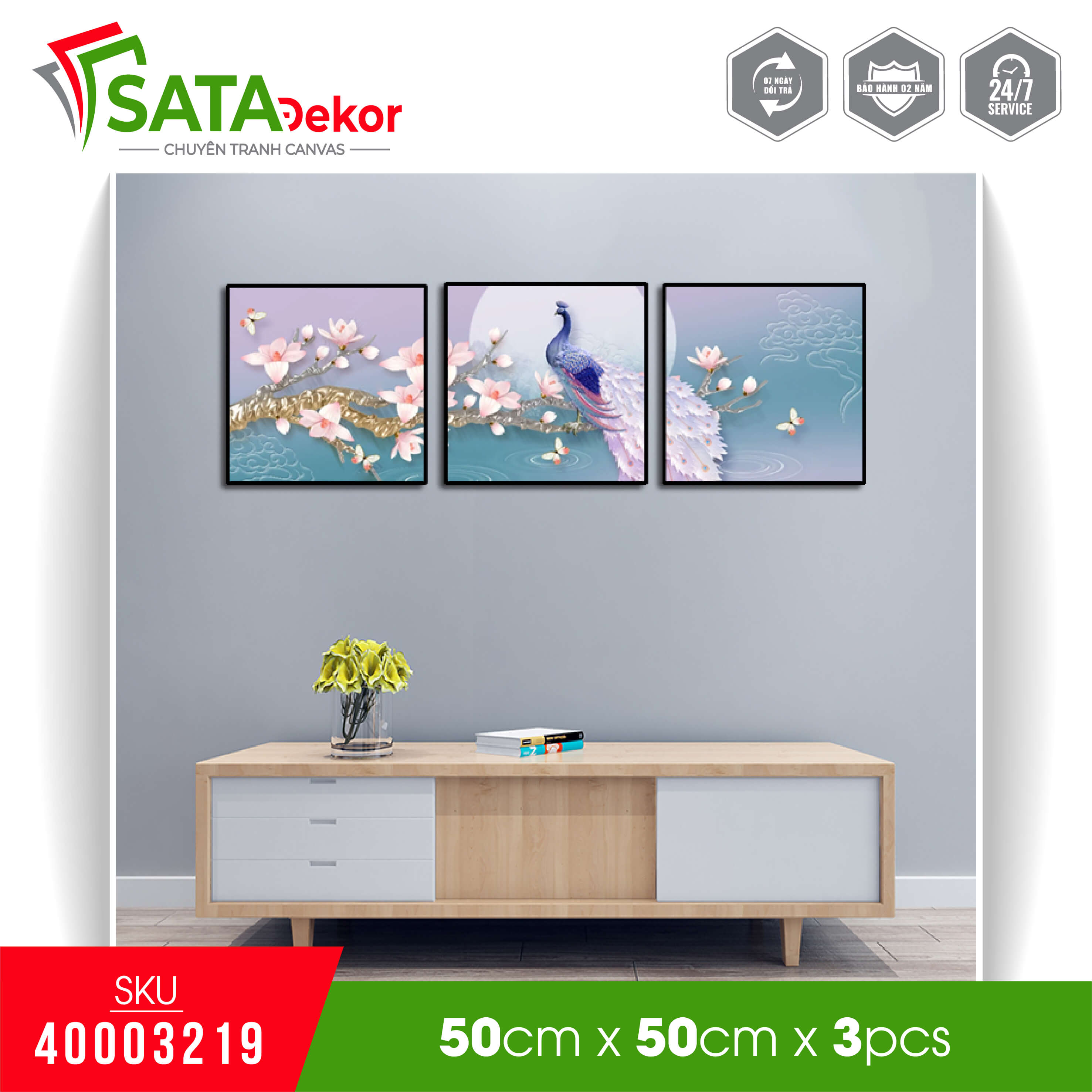 Tranh vải treo tường in trên canvas chim công trên cành mộc lan 3d