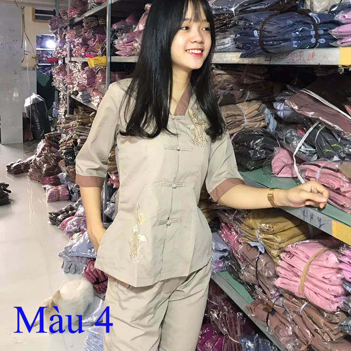 Bộ quần áo mặc nhà, Quần Áo nữ Phật Tử, đồ lam Đi Chùa thêu hoa văn mẫu KA07C