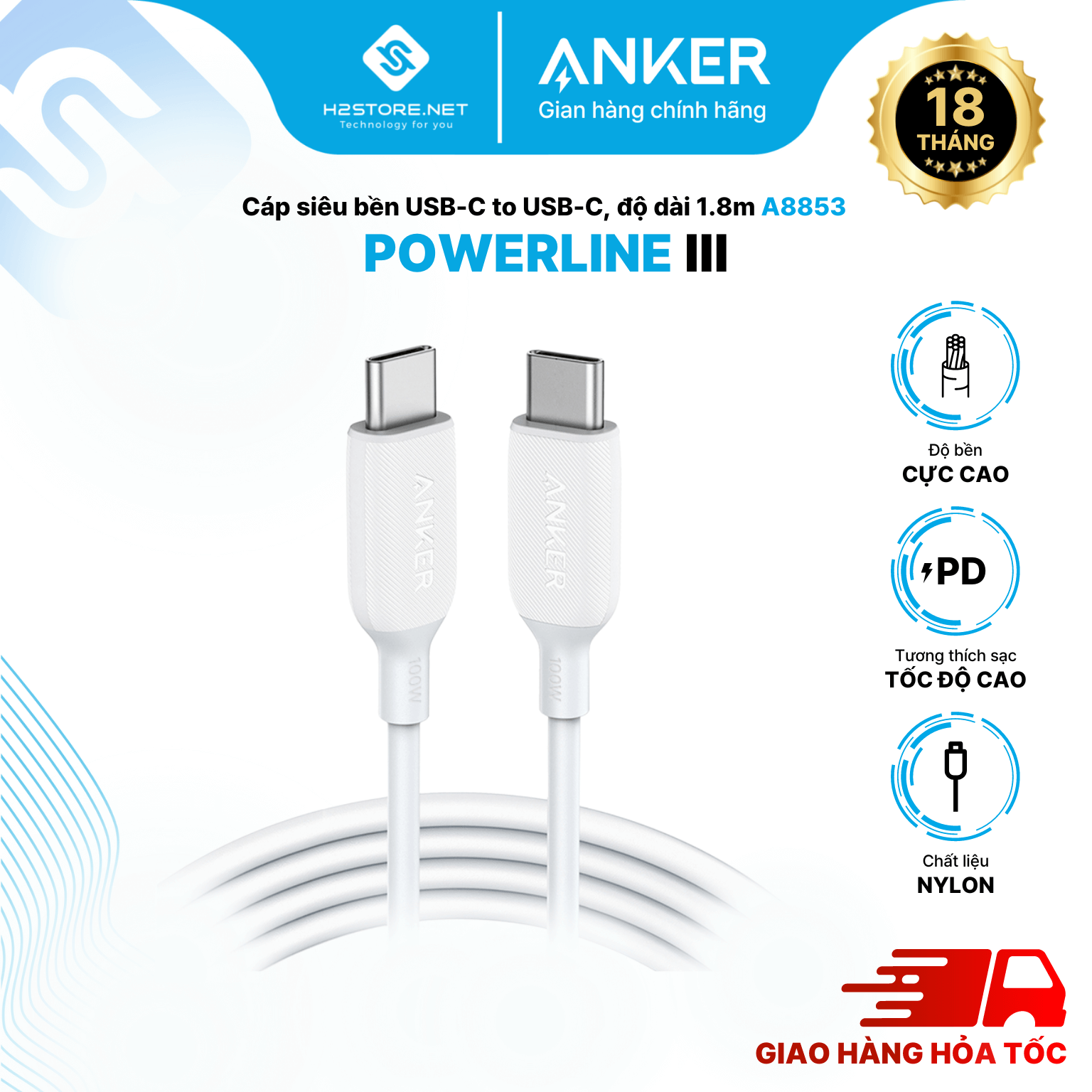 Cáp ANKER PowerLine III USB-C to USB-C dài 1.8m - A8853