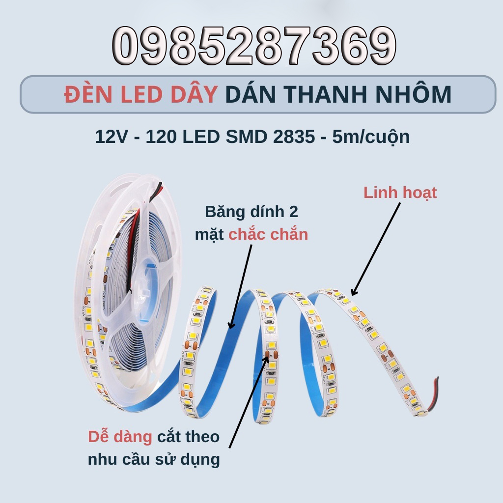 Led dây dán 2835 dosle 12v 10w - cuộn 5m màu vàng, trung tính 120 led/m, 240 led/m