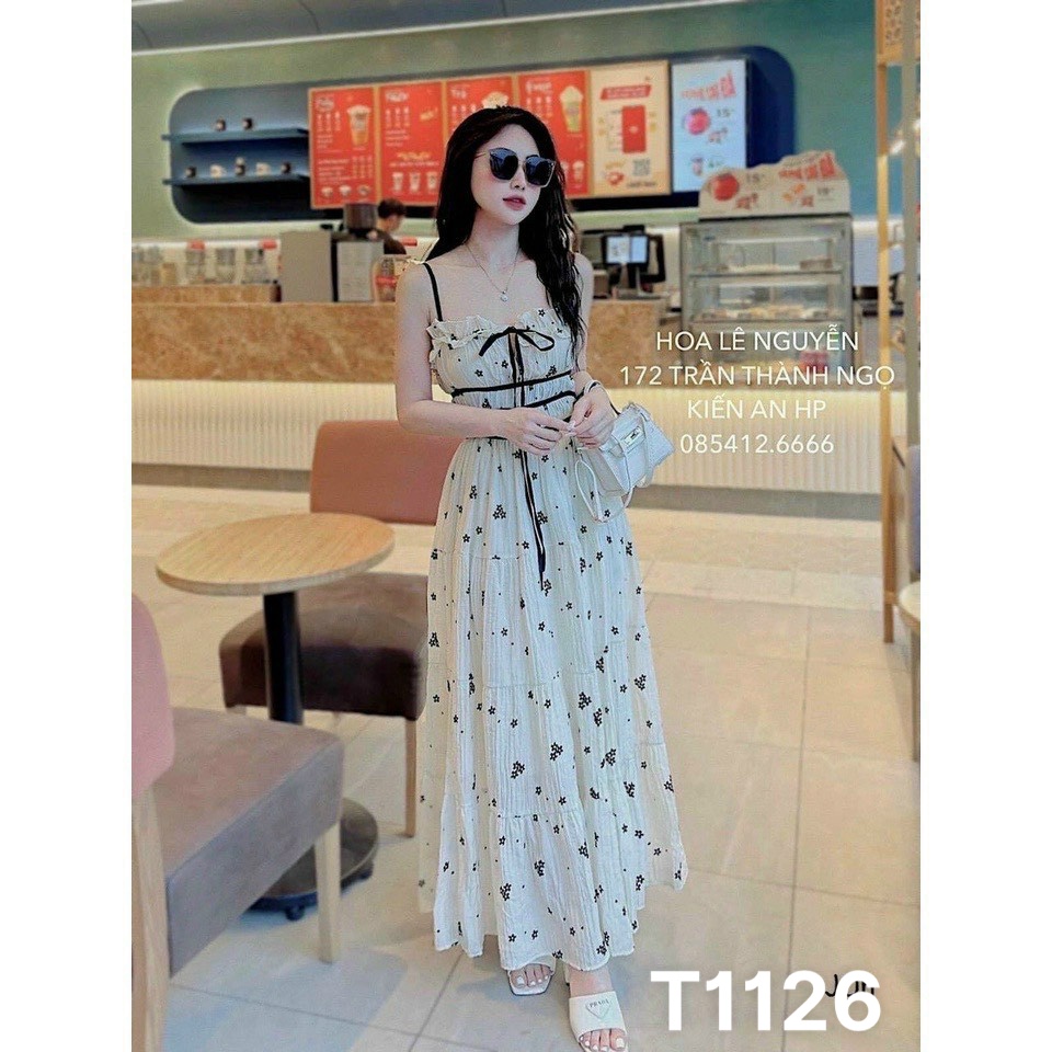 Đầm maxi 2 dây voan xốp hoa dài màu y hình có mut ngực T1126