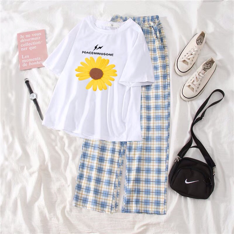 SET ÁO HOA CÚC TIA CHỚP MIX QUẦN KẺ