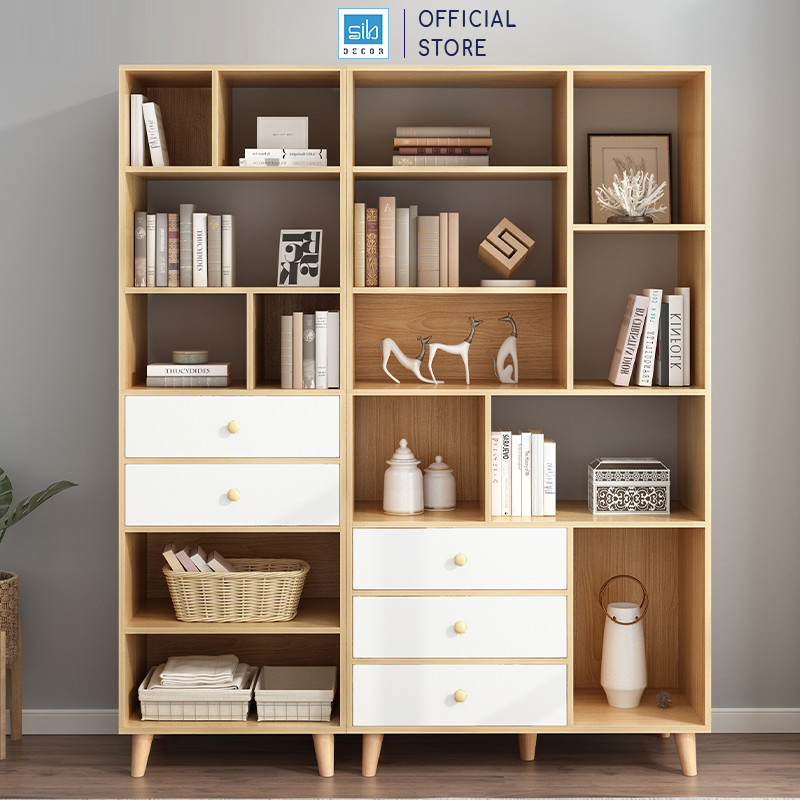 [Giao lắp HCM] Tủ Sách Để Sàn Nhiều Ngăn Hiện Đại Màu Vân Gỗ Sồi Và Trắng Thương Hiệu SIB Decor