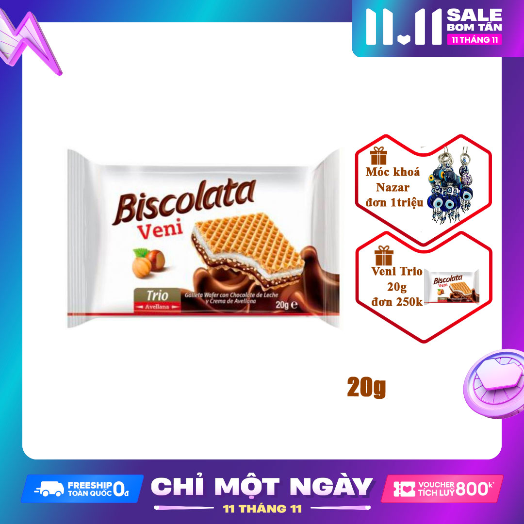 Bánh xốp Biscolata Veni Trio nhân sữa và kem hạt phỉ