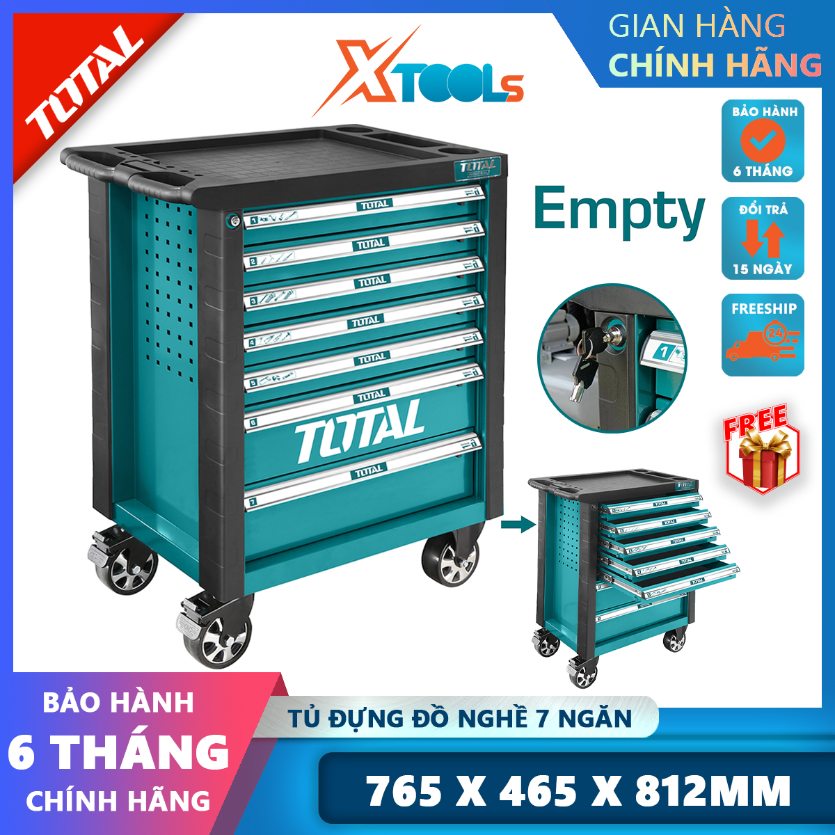 7 drawer trolley total, tool cabinet with navigation wheels, size: 765x465x812mm, with 5 large drawers and 2 small drawers