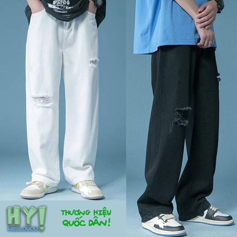 Quần jean baggy nam rách trắng đen 2 gối gấu ống suông rộng chất vải bò cao cấp Ullzang hàn quốc