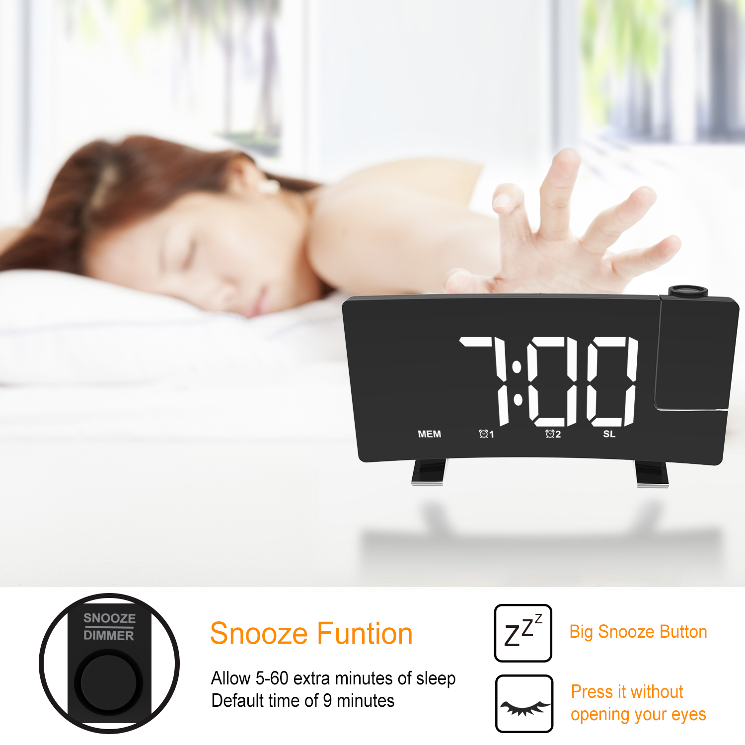 2022 NEW Curved screen LED Digital Projection Alarm Clock Table Electronic Alarm Clock with Projection Time Projector Bedroom Bedside Clock Đồng Hồ Báo Th