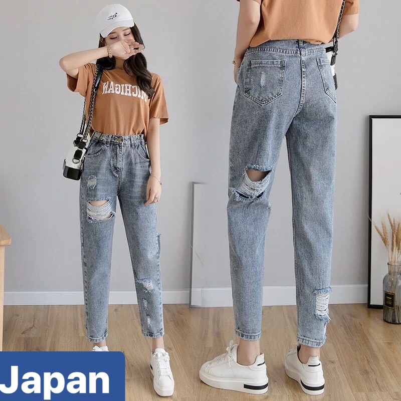 QUẦN JEAN BAGGY NỮ CHẤT BÒ XANH RÁCH GÓT ULZZANG LƯNG CAO NÂNG MÔNG KOREA JP-56 JAPAN FASHION