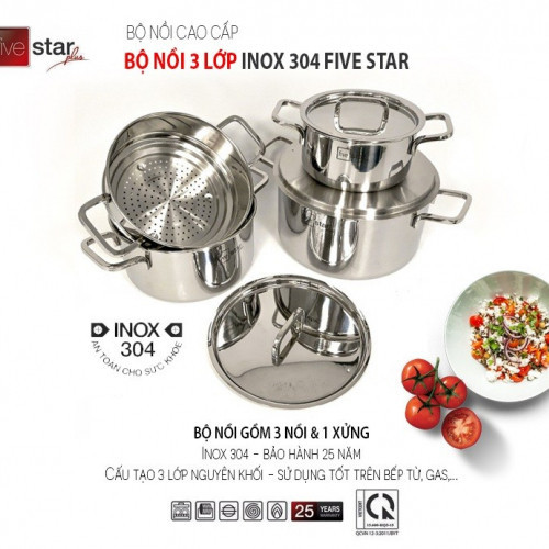 Bộ nồi 3 lớp đáy liền khối inox 304 cao cấp Fivestar Plus 4 món nắp inox , dùng được mọi bếp , bảo hành 25 năm - Shop bếp Xinh